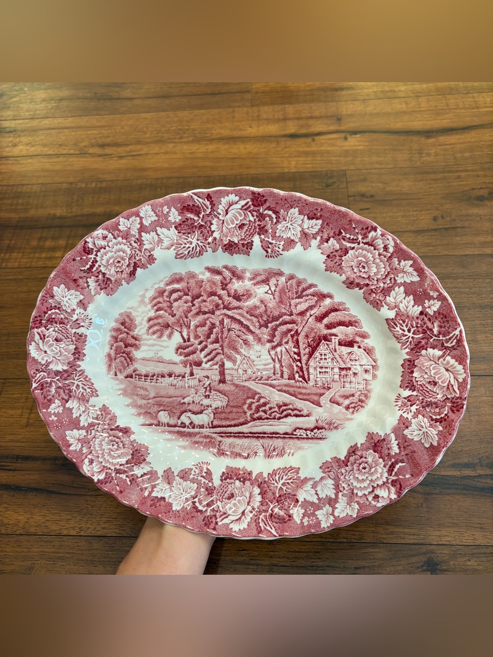 Vintage Wood & Sons English Scenery Pink Red Oval Serving Platter 12" England
